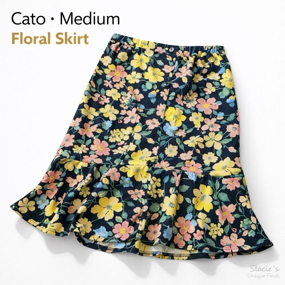 Cato Floral Skirt Womens Medium Navy Yellow Pink Button Front Flowy